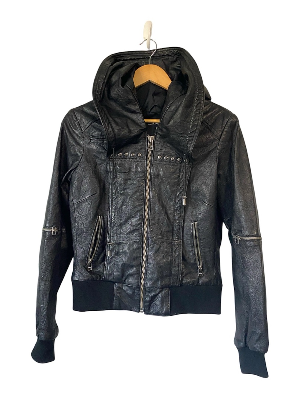 Vintage Danier Hooded Stud Leather Jacket Black Small Bomber Biker Moto 2000s